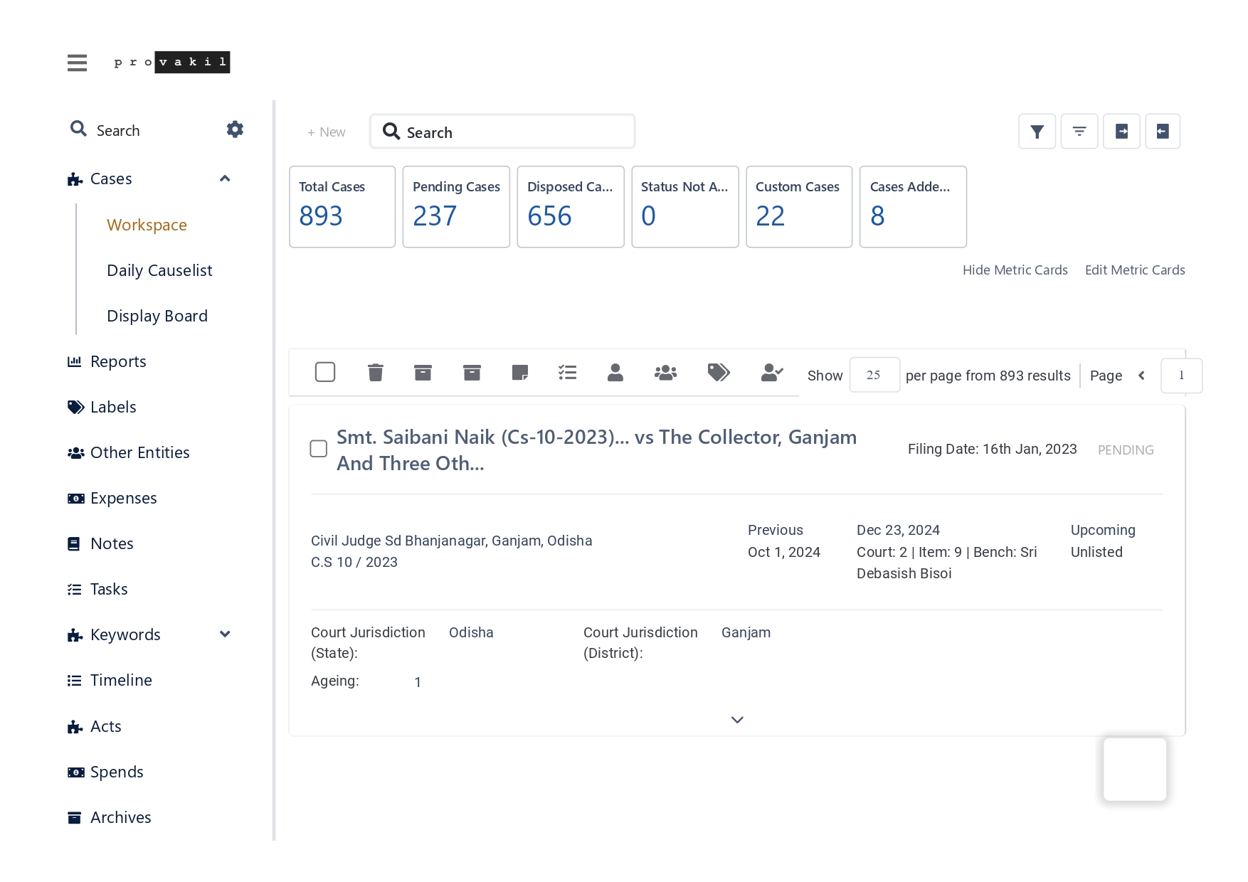 Provakil legal operations dashboard home page — enterprise case management interface